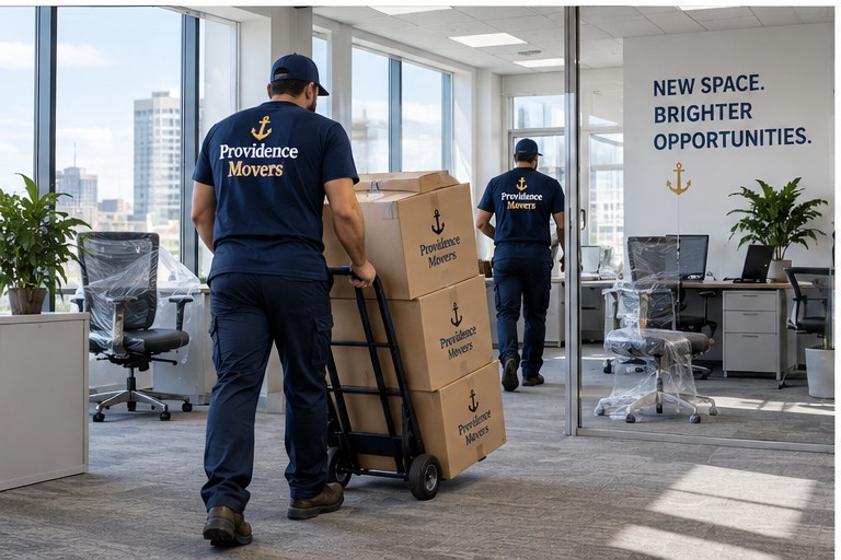 Providence Movers office relocation crew with branded boxes
