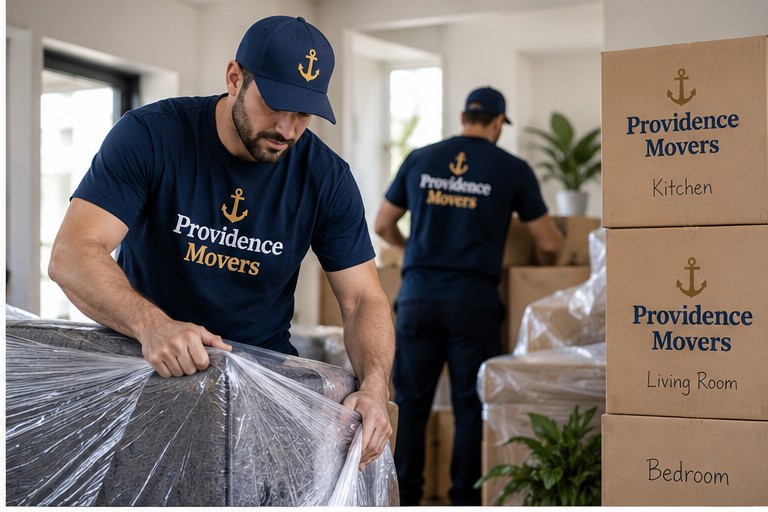 Providence Movers uniformed mover packing and wrapping furniture