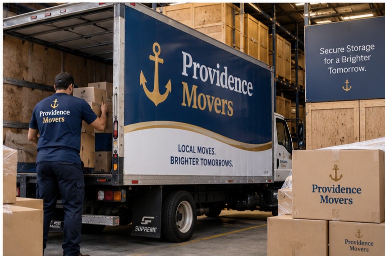 Providence Movers truck loading boxes in a warehouse