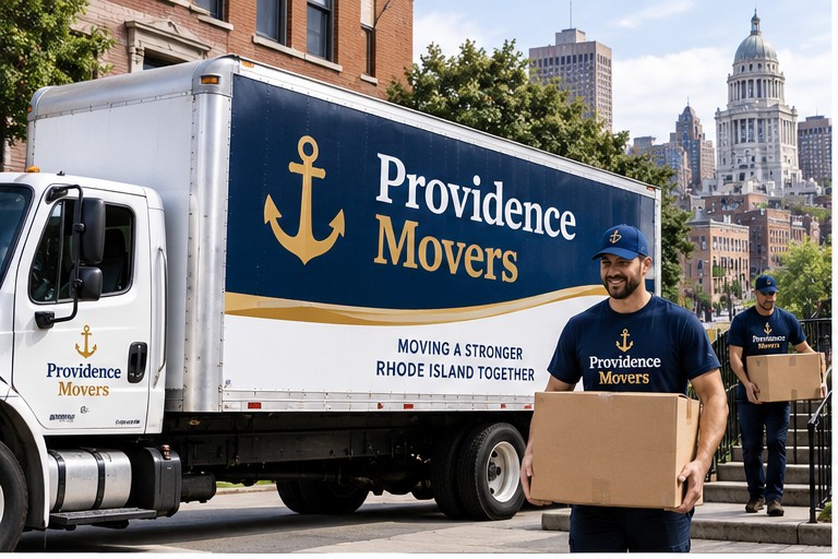 Providence Movers branded moving truck and uniformed mover carrying a moving box